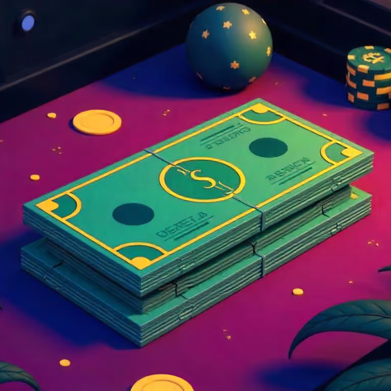 Bundles of cash, poker chips, and dice on a table, showing casino winnings at Happyjokers Casino.